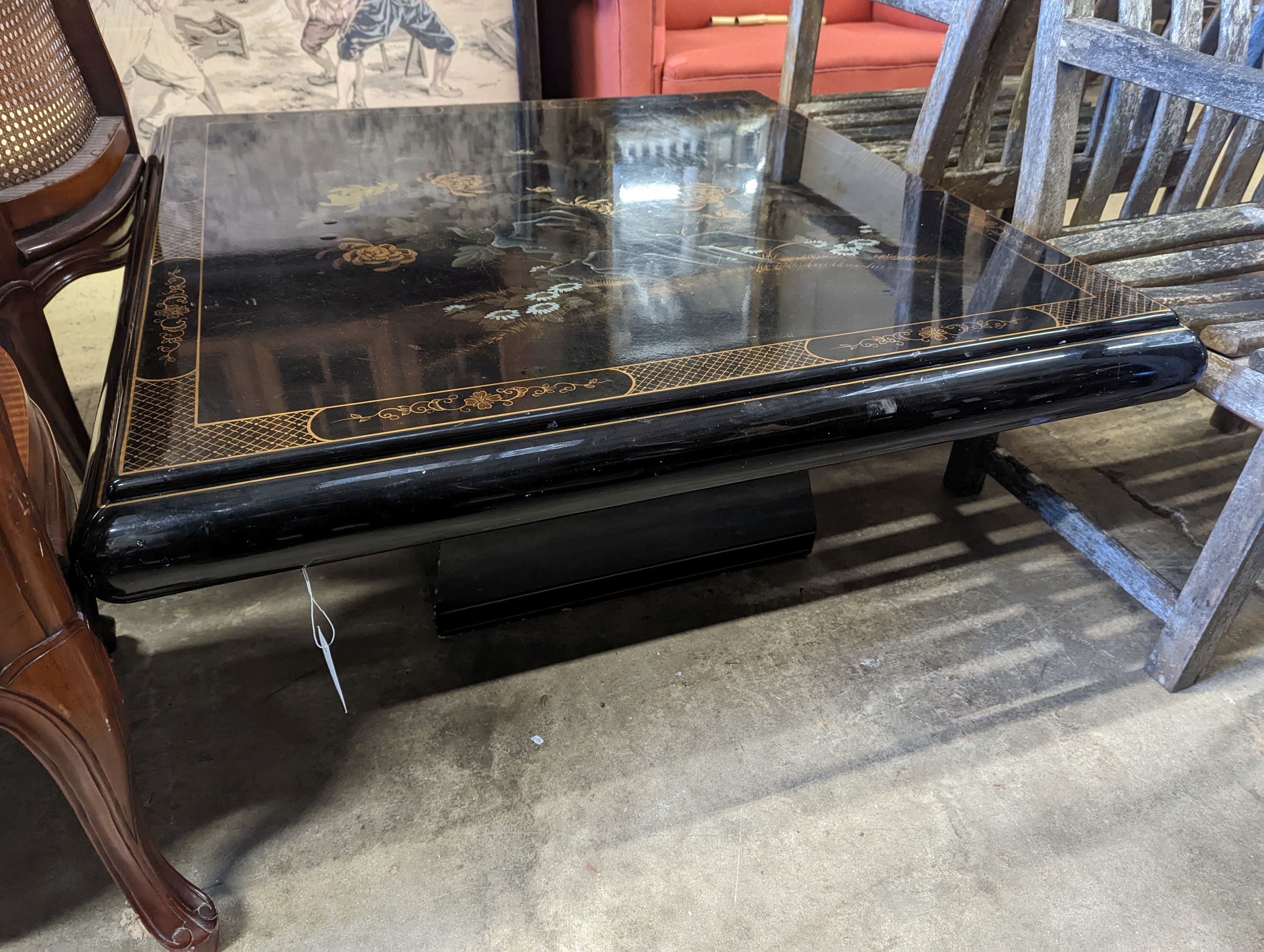 A chinoiserie lacquer square low table, length 104cm, height 46cm